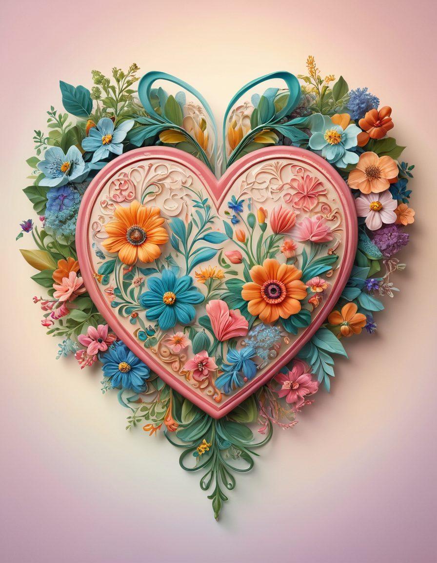 A beautifully arranged heart made of traditional and modern symbols of love, like ornate floral designs and modern geometric shapes intertwined. Soft pastels blend with vibrant colors to reflect both heritage and contemporary style. The background should feature elements of nature to symbolize growth, with flowing ribbons connecting each heart element. Include soft, warm lighting to evoke a feeling of affection and tenderness. super-realistic. vibrant colors. soft lighting.