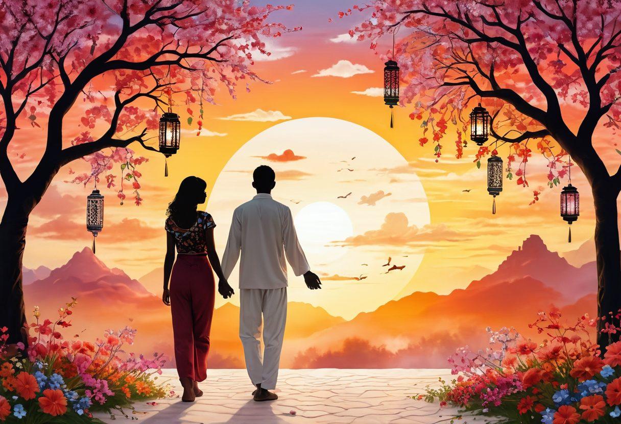 A warm sunrise illuminating a diverse couple holding hands, surrounded by symbols of various cultures like lanterns and floral patterns, set against a backdrop of blossoming trees and soft clouds. The scene should evoke feelings of hope and new beginnings, emphasizing connection and love. Incorporate vibrant colors to enhance the joyful atmosphere. super-realistic. vibrant colors. white background.